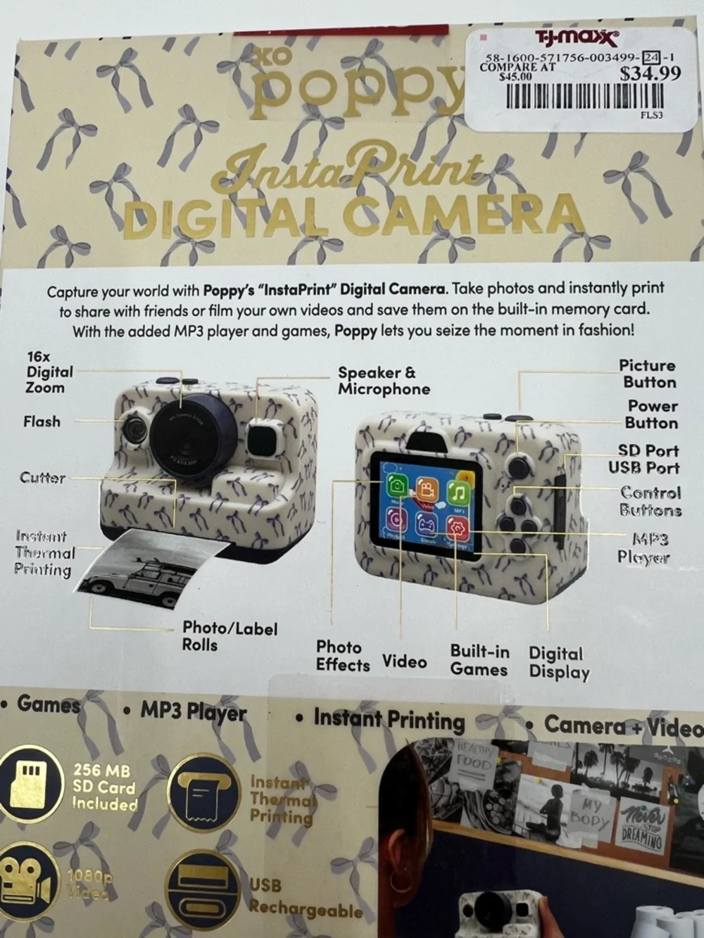 NIB XO Poppy White Digital insta-print Camera with Blue ribbon Accents